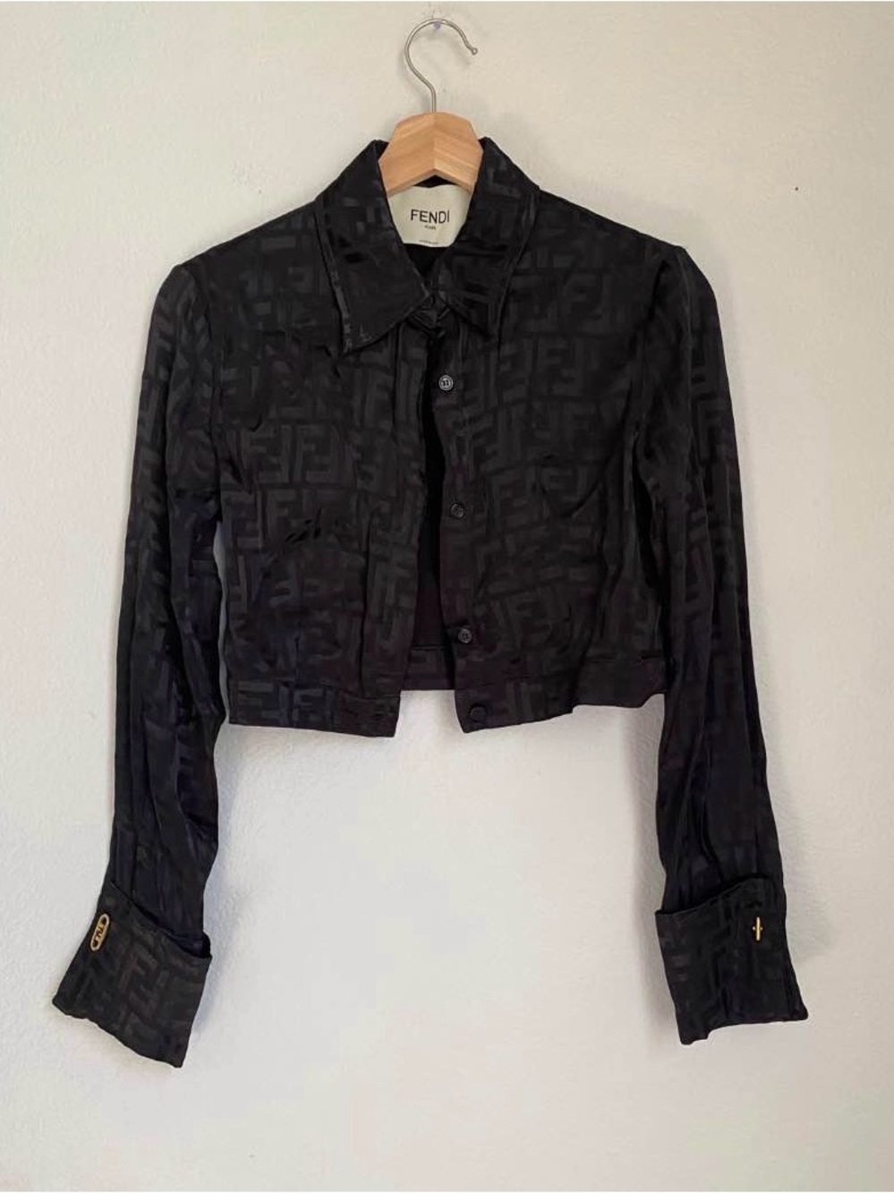 Fendi Black FF Jacquard Satin Cropped O’Lock Button Blouse IT 36 / US 0 / XXS